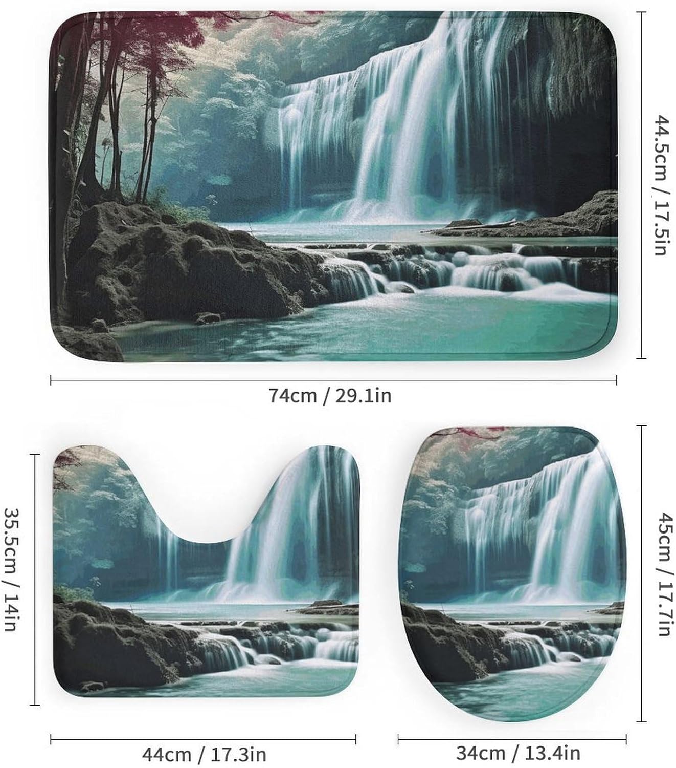 Waterfall Natural Landscape Shower Curtain Set 4 Piece, Non-Slip Bath Mat with Toilet Lid Cover and Waterproof Shower Curtain with 12 Hooks, Complete Bathroom Set for Home Decor