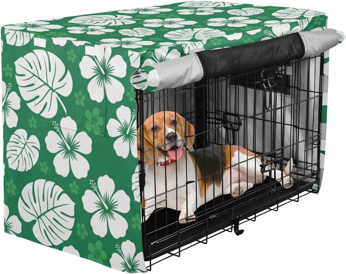 Duty 600D Silver Coated Dog Crate Cover, Water-Resistant Tropical Leaves Pet Kennel Canopy with Mesh Windows for Optimal Ventilation, Universal Fit for Standard Wire Cage, Indoor & Travel