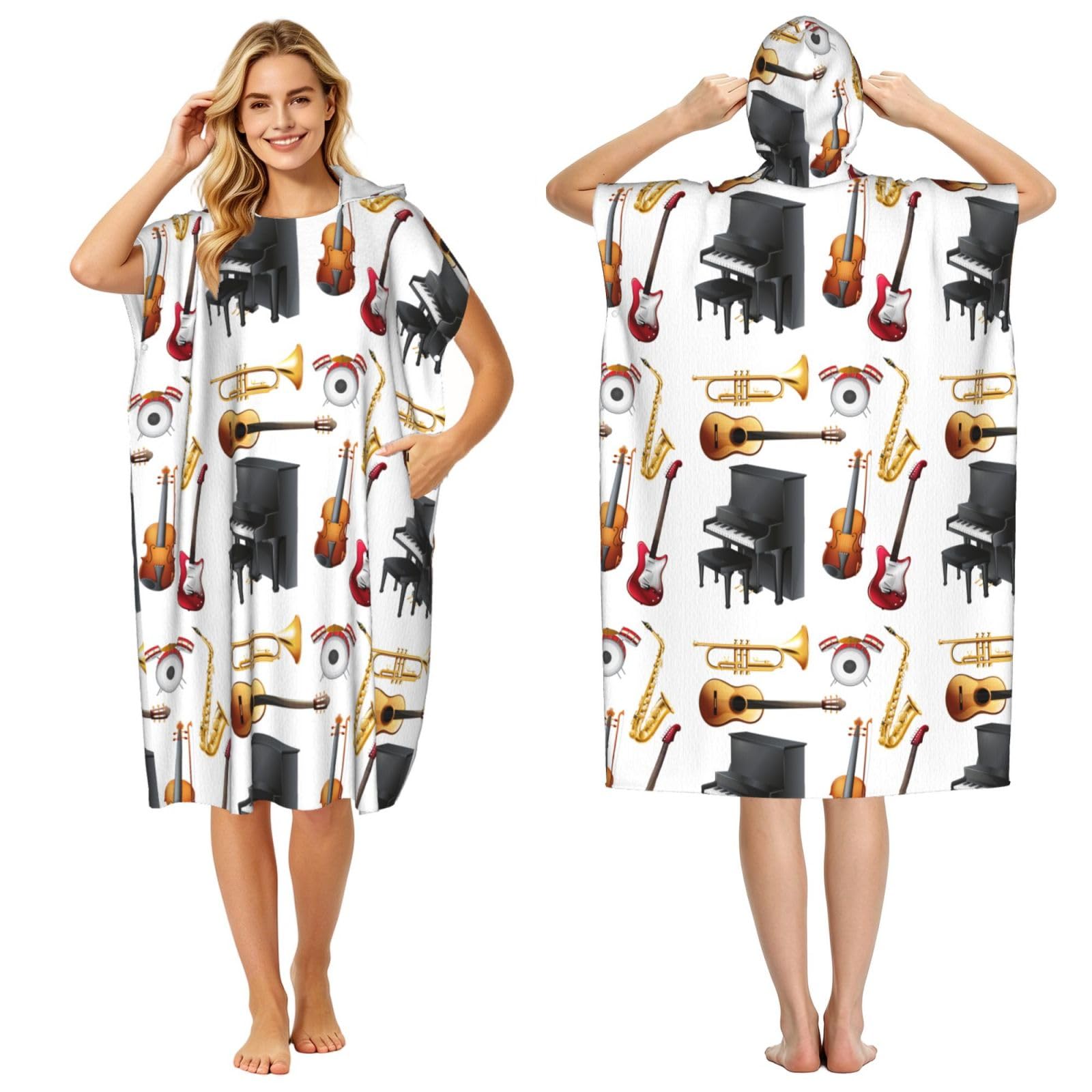 Poadnly Musical Instrument Piano Guitar Saxophone, Adult Hooded Beach Towel 90 x 110 cm,Changing Bath Robe, Surf Poncho Towel For Women Men