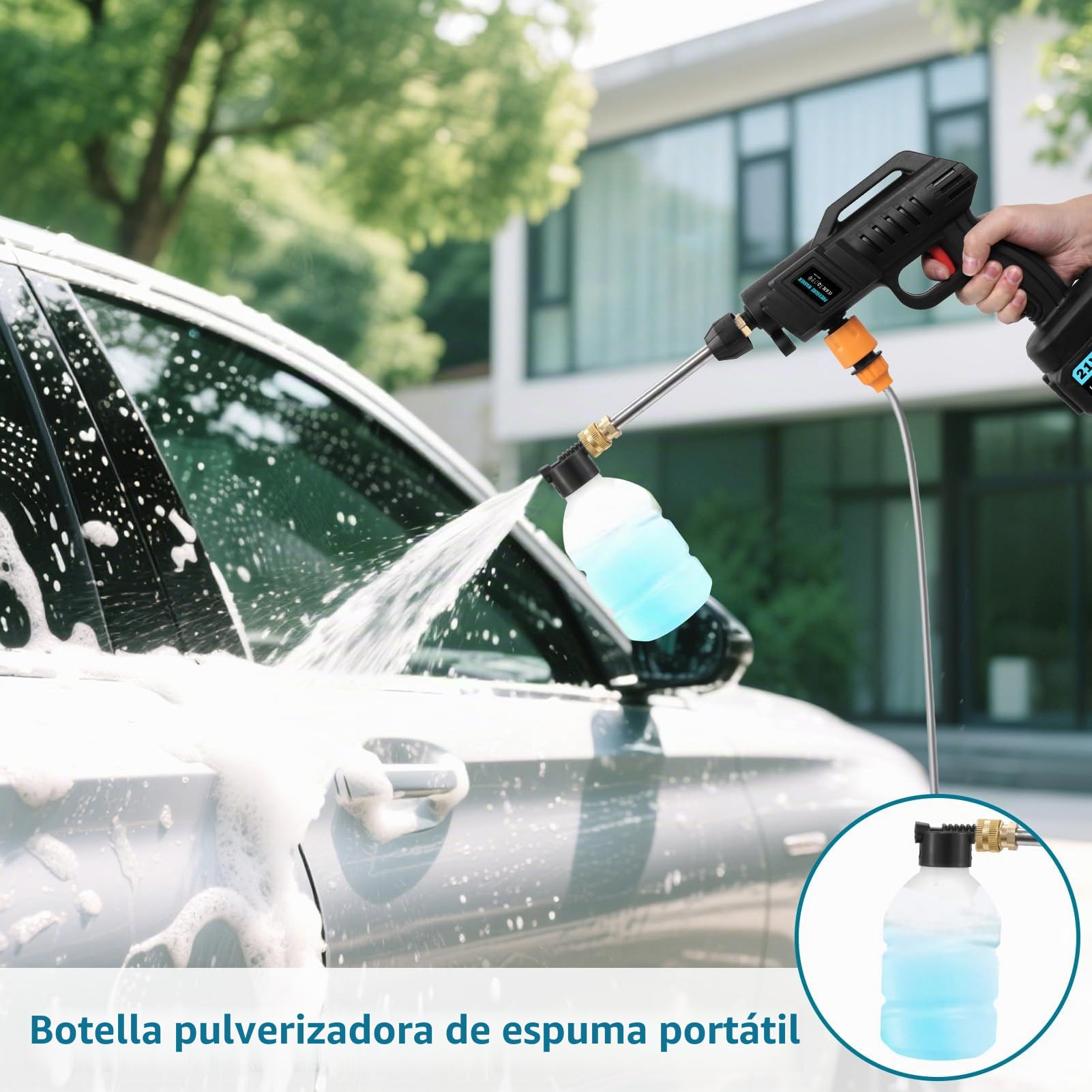 Hidrolimpiadora de Alta Presion 62 Bar,Pistola de Agua a Presión con Boquilla 6 en 1,Manguera 5M,Hidrolimpiadora Bateria con 2 x 3.0Ah Baterías,Hidrolimpiadoras Portátil para Coche y Jardín