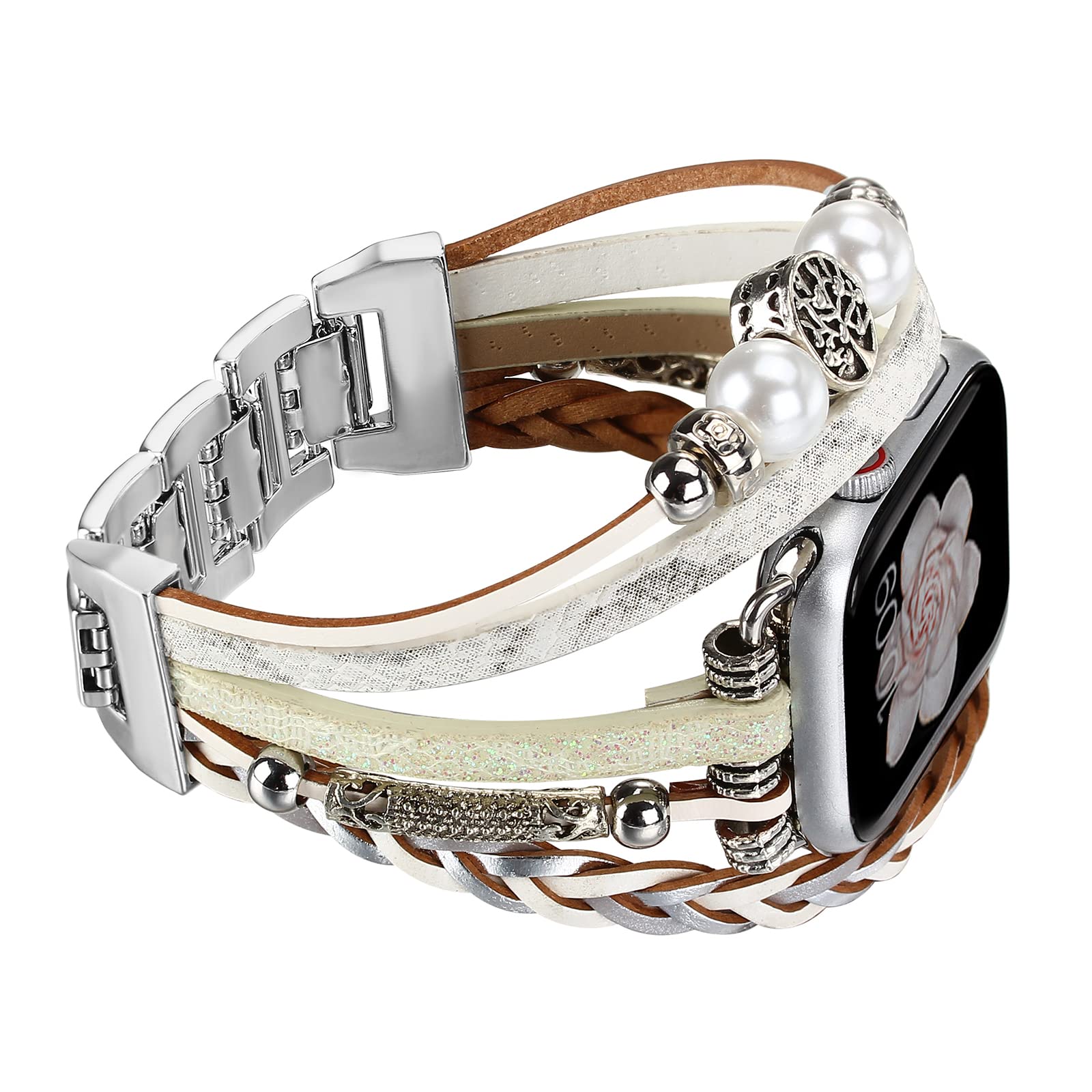 Fivoilin Boho Bracelet Compatible with Apple Watch Band 38mm 40mm 41mm 42mm 44mm 45mm 46mm 49mm Women Men, Handmade Jewelry Multilayer Wrap Leather