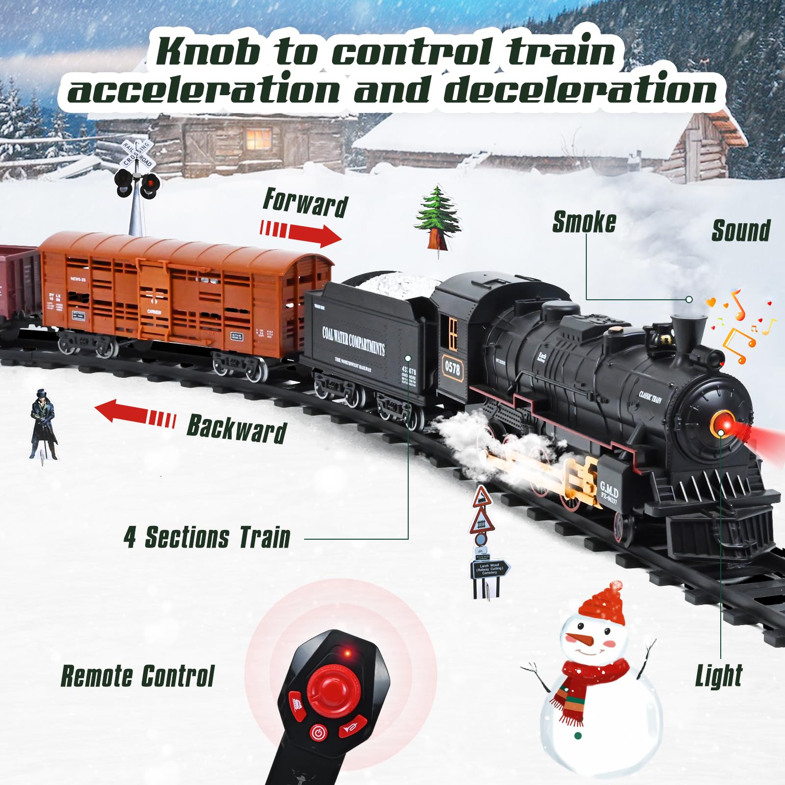LTFIOON Elektrische trein, elektrische kersttrein met rook, licht en