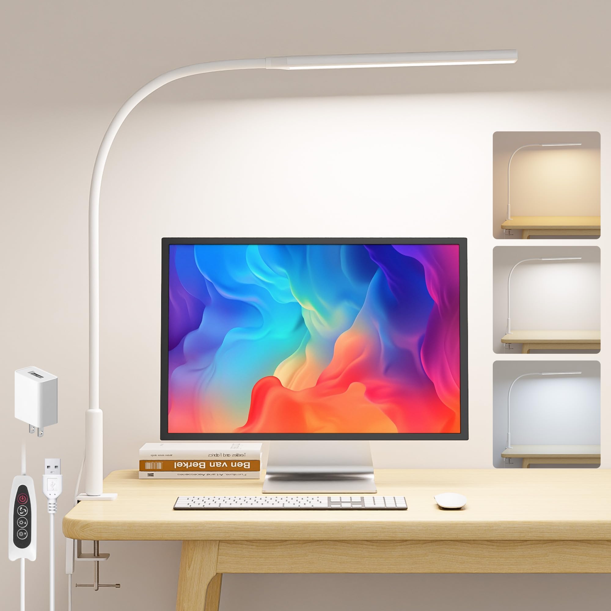 Desk Lamp with Clamp Eye Caring Clip Light for Home Office 3 Colors Stepless Dimming Flexible Gooseneck Table