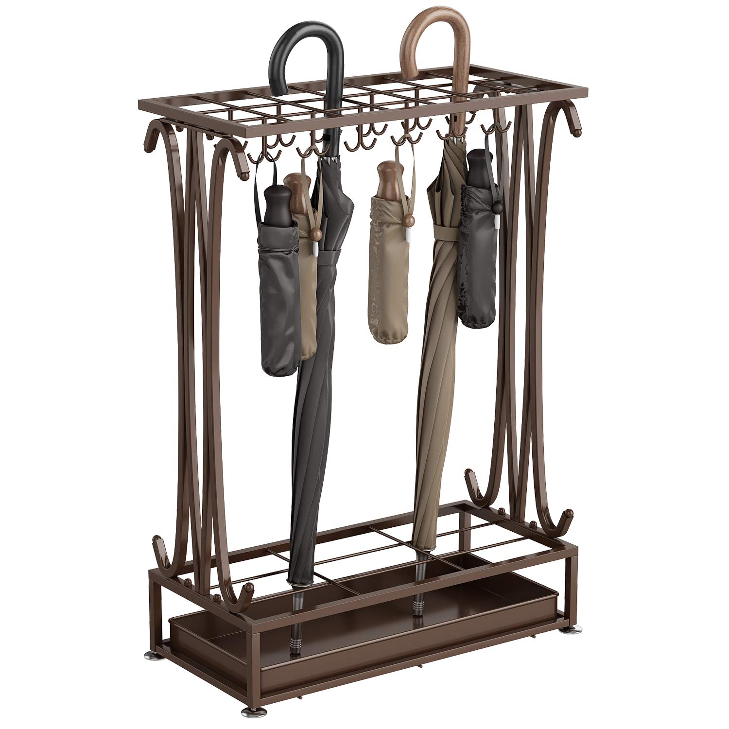 U-22 Extra Large Metal Bronze 21 Agujeros Estilo Rectángulo Paragüero Soporte de Bastón con 24 Ganchos y un Fondo Libre de Agua de Lluvia Bandeja de Fuga 70 * 50 * 24 CM