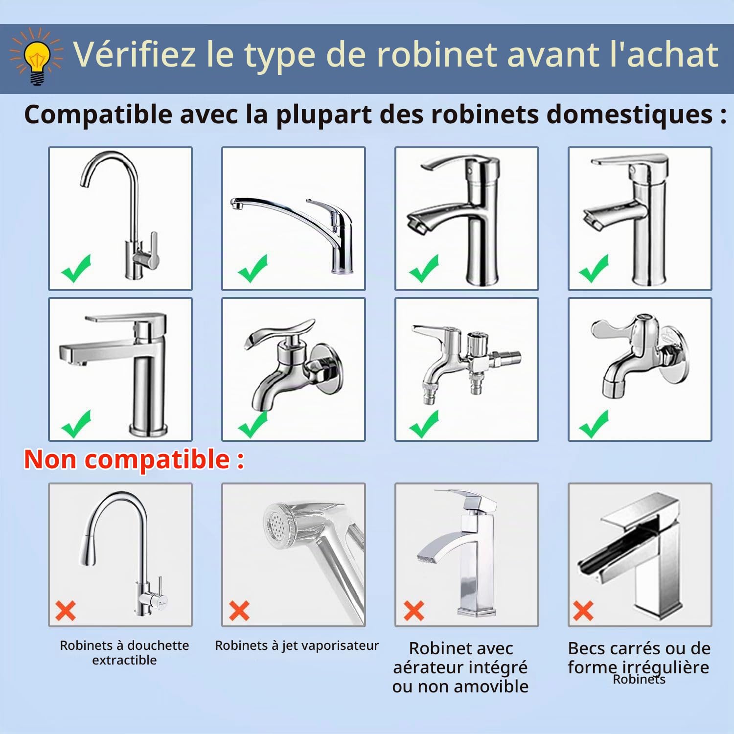 Robinet filtrant à eau, robinet filtrant le calcaire, filtre à eau potable, filtre pour robinet élimine le chlore, les métaux lourds et les mauvais goûts (avec 1 filtre, 12 adaptateurs)