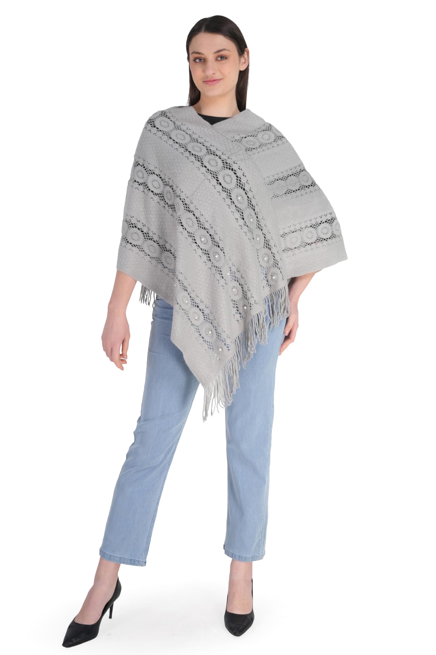 MANRA Women's Elegant Knitted Shawl Poncho with Fringed V-Neck with Pearls Solid Sweater Pullover Cape Gifts for Women Mom (SC 108) (Free, Light Grey)-picture-45