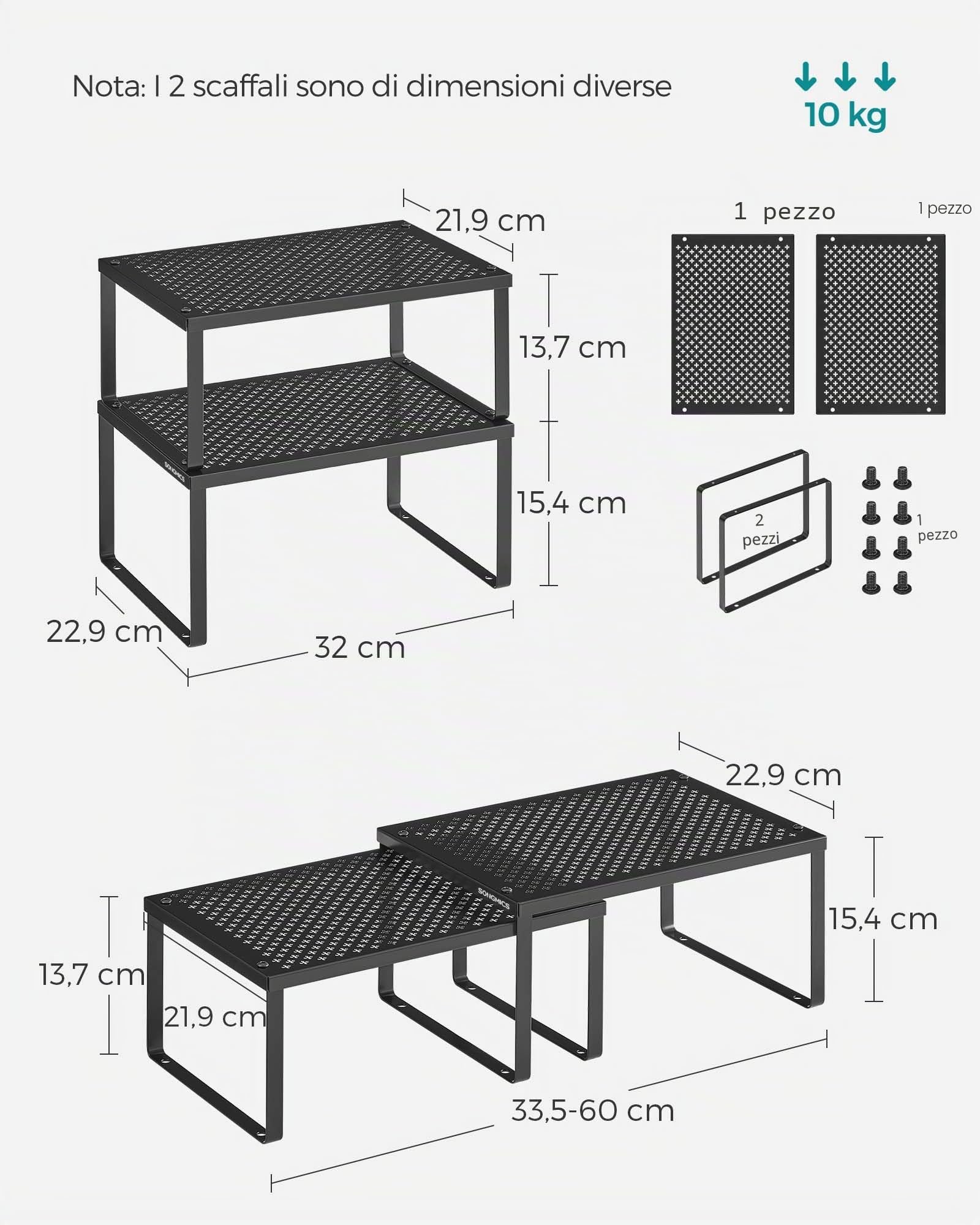 SONGMICS Scaffale Portaspezie, Set di 2 Organizzatori da Cucina Espandibili, Scaffale da Cucina Impilabile, Metallo, Nero Inchiostro KCS001B01