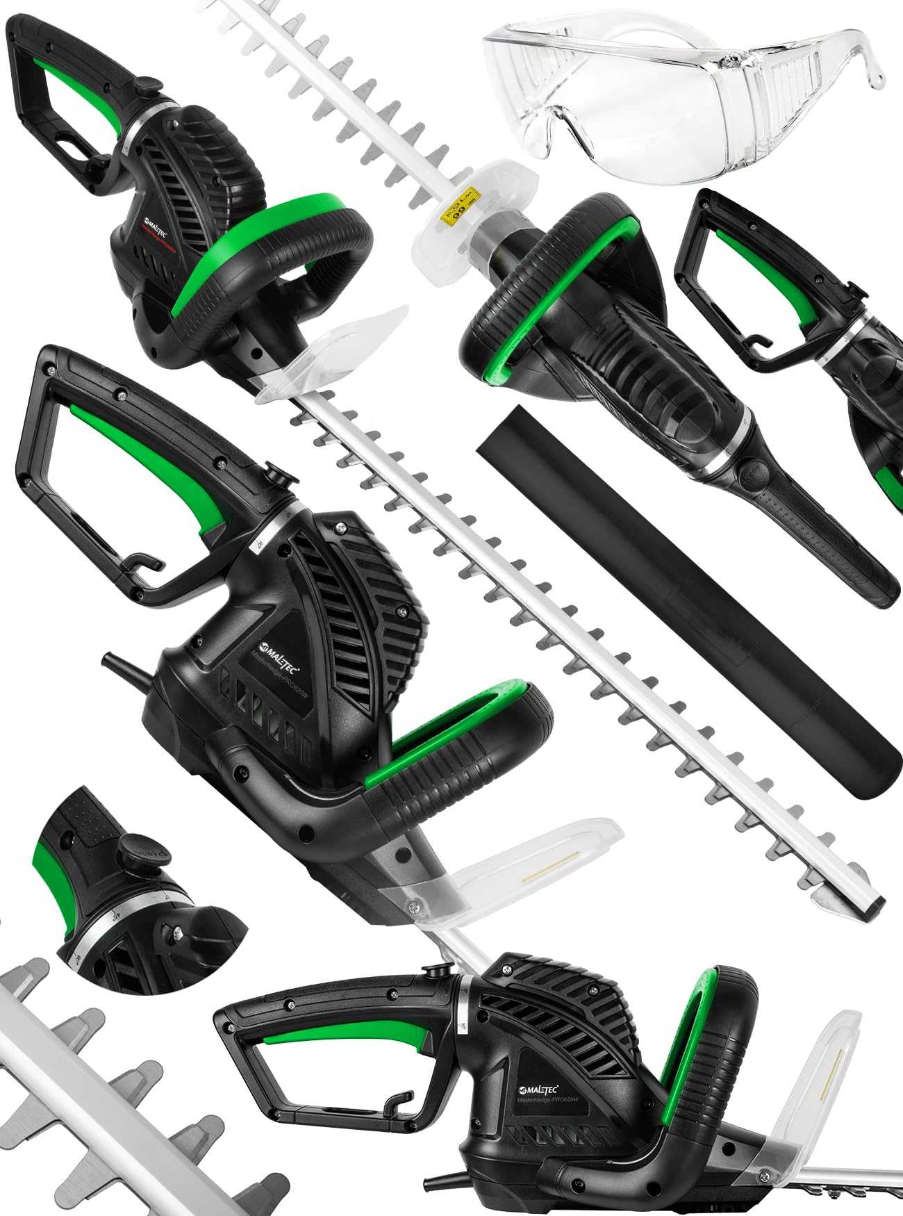 MalTec Elektrische Heckenschere 1800W, 61cm Schnittlänge, Handschutz, Schwertschutz und Schutzbrille im Set, Drehzahl 1700 U/min