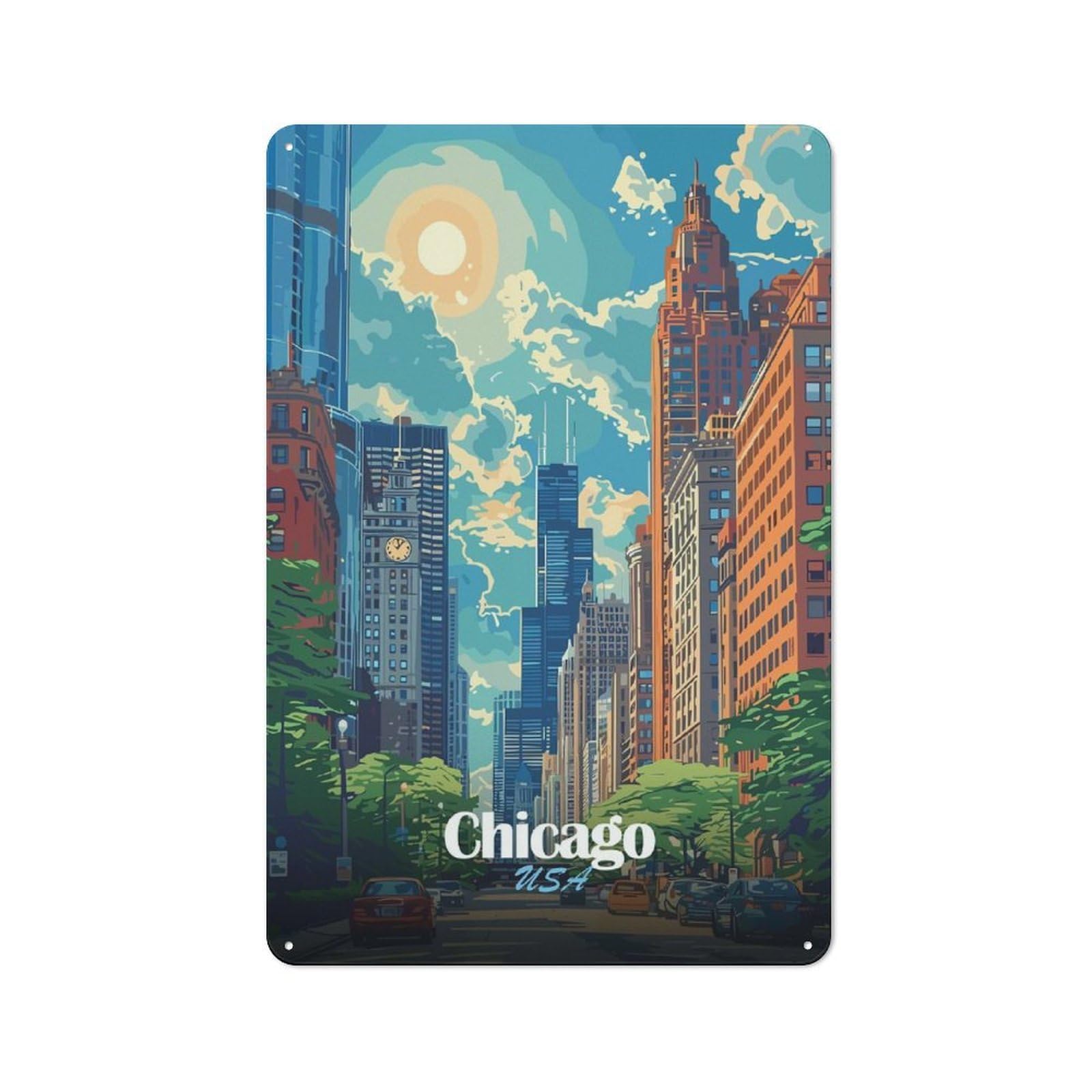 Junmoney Chicago Cityscape Illustration Industrial Metal Wall Sign 30X20cm Featuring Urban Room Decor For Loft, Studio, Office Or Creative Room