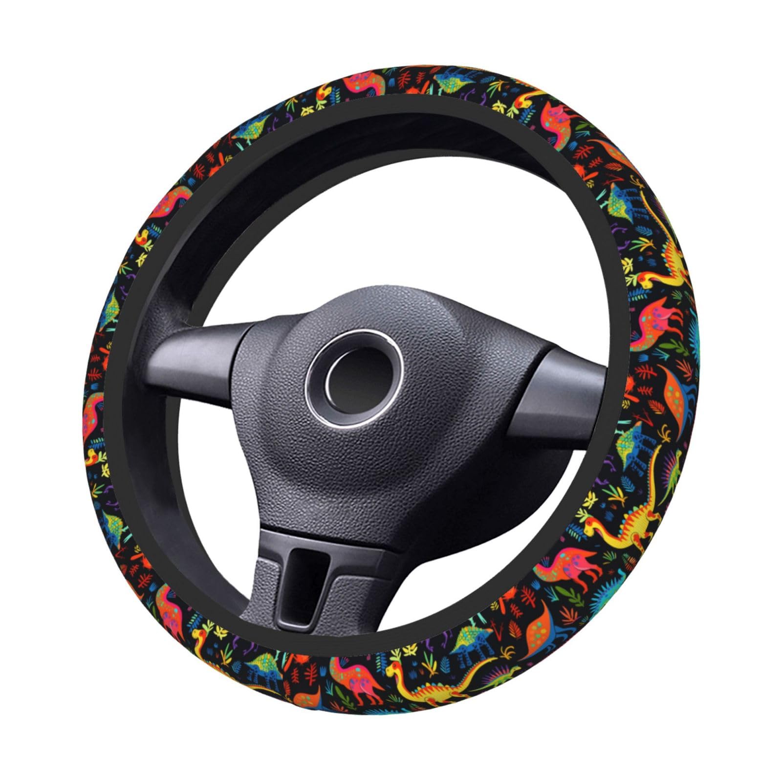 Vykmvtyb Colorfully Dinosaur Cartoon Steering Wheel Covers,Anti Slip Sweat Absorption Elasticity Car Accessories Steering Wheel Protector Universal 15