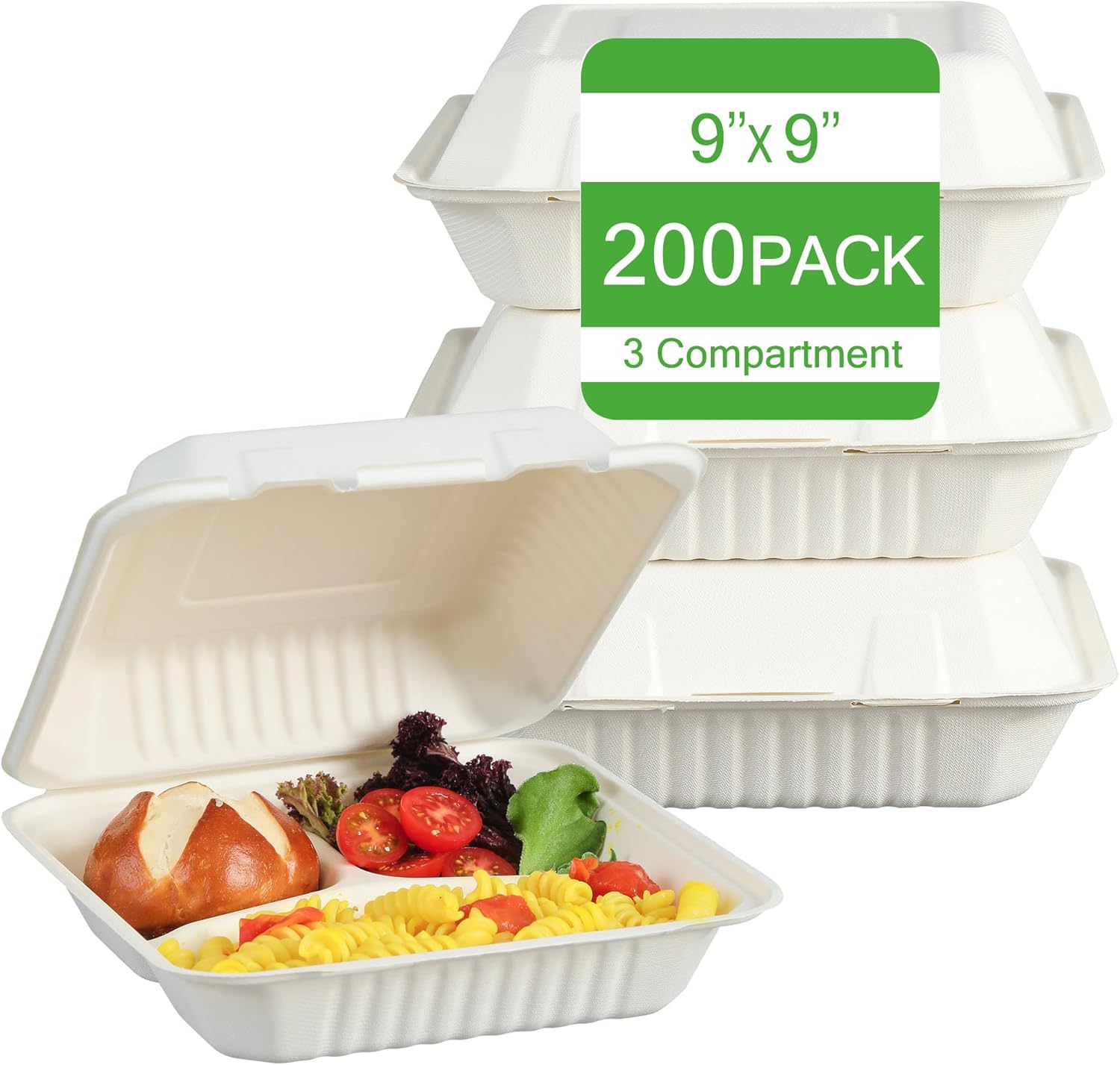 9x9 Inch 3-Compartment Sugarcane Clamshell (200 Pack) | 100% Compostable & Microwave Safe | Natural Bagasse Fiber | Eco-Friendly Food Storage & Takeout