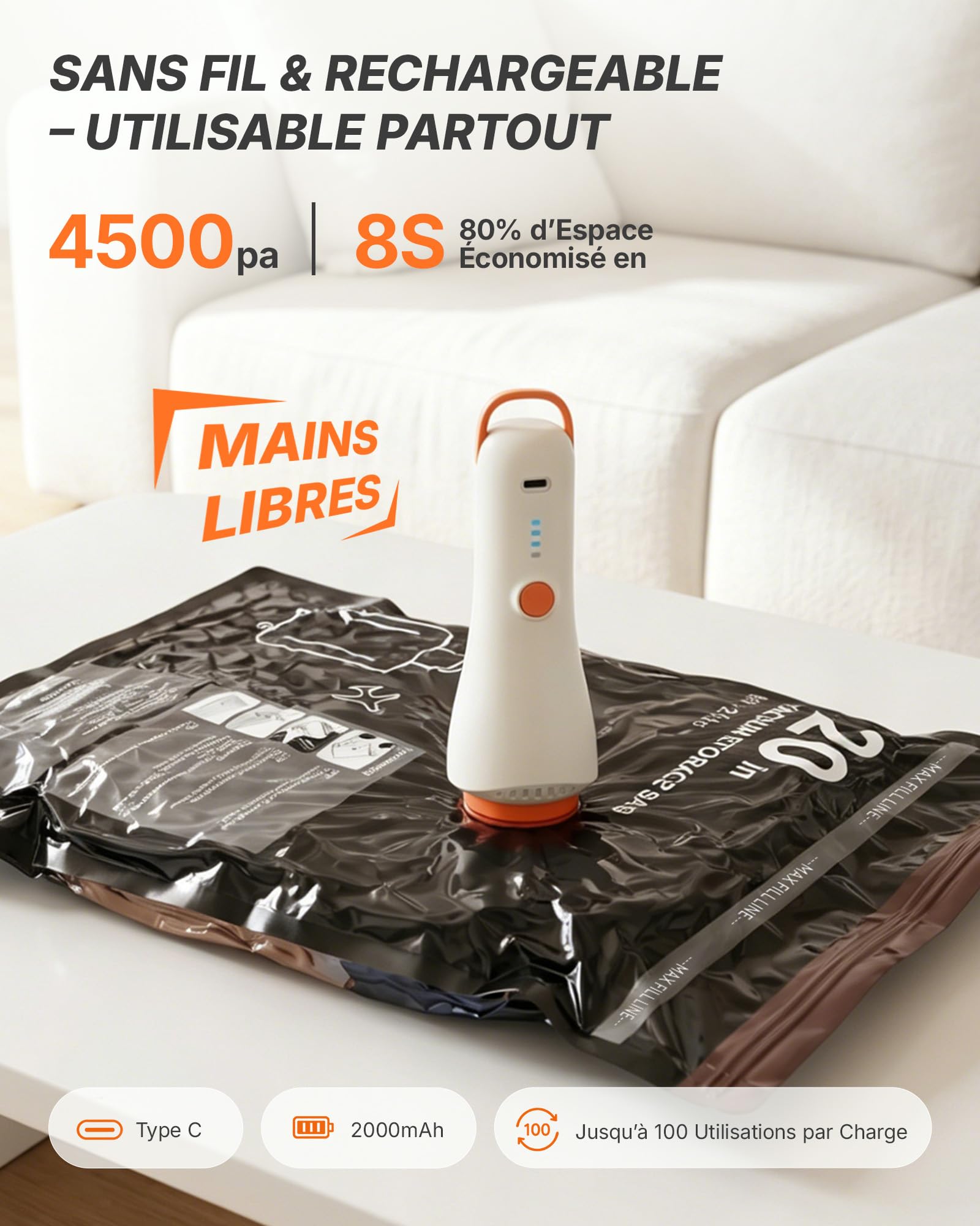 Sac Sous Vide Voyage avec Pompe Électrique – Lot de 10 Sacs (4 * 54x40、4 * 64x47、2 * 74x54cm) – Compression pour Valise, Rangement Maison – Accessoire Voyage Indispensable