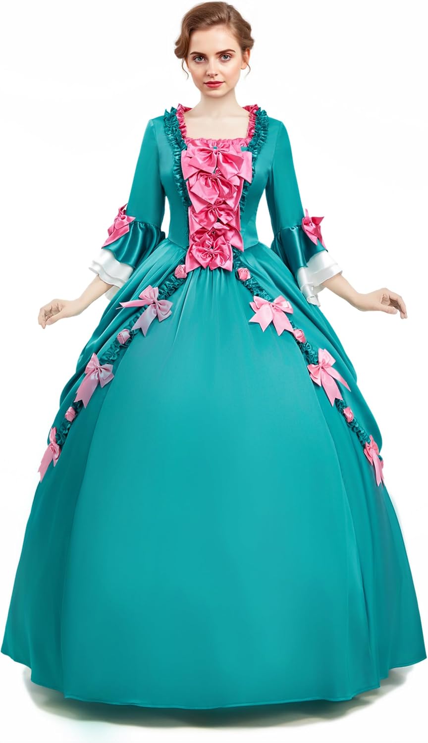 Medieval Dress Pompadour Dress Green Satin Rococo Vintage Dress with Pink Bow Decorations