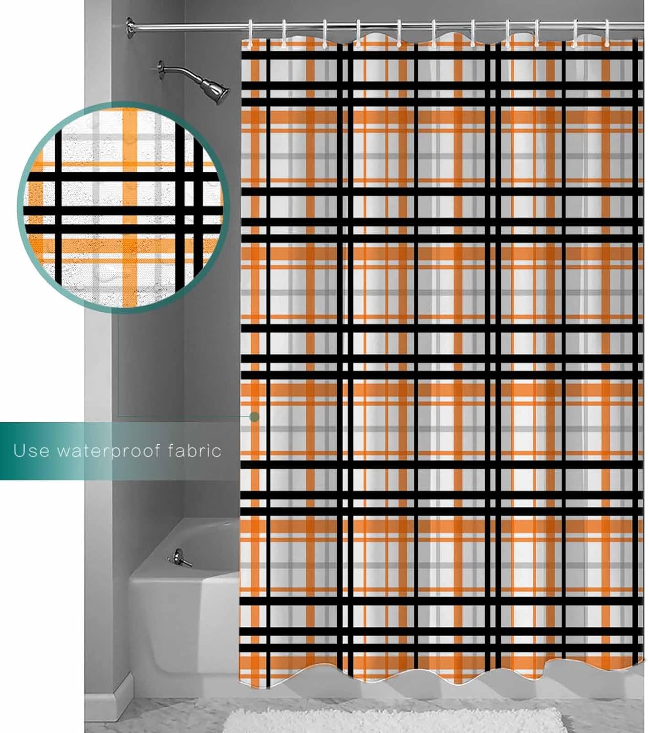 Abstract Shower Curtain for Bathroom 72" x 72", Orange Black Gray Buffalo Plaid Stripes Shower Curtain with Hooks Polyester Waterproof Home Bathtub Decor