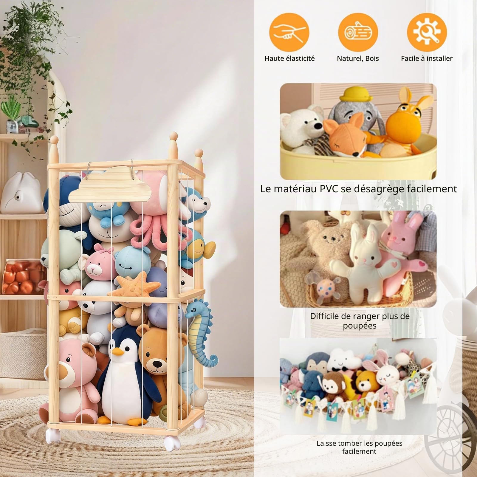 Rangement en Bois pour Peluches, avec roulettes à 360 °, Rangement pour Peluches, pour Salle de Jeux, Chambre à Coucher, Chambre d'enfant