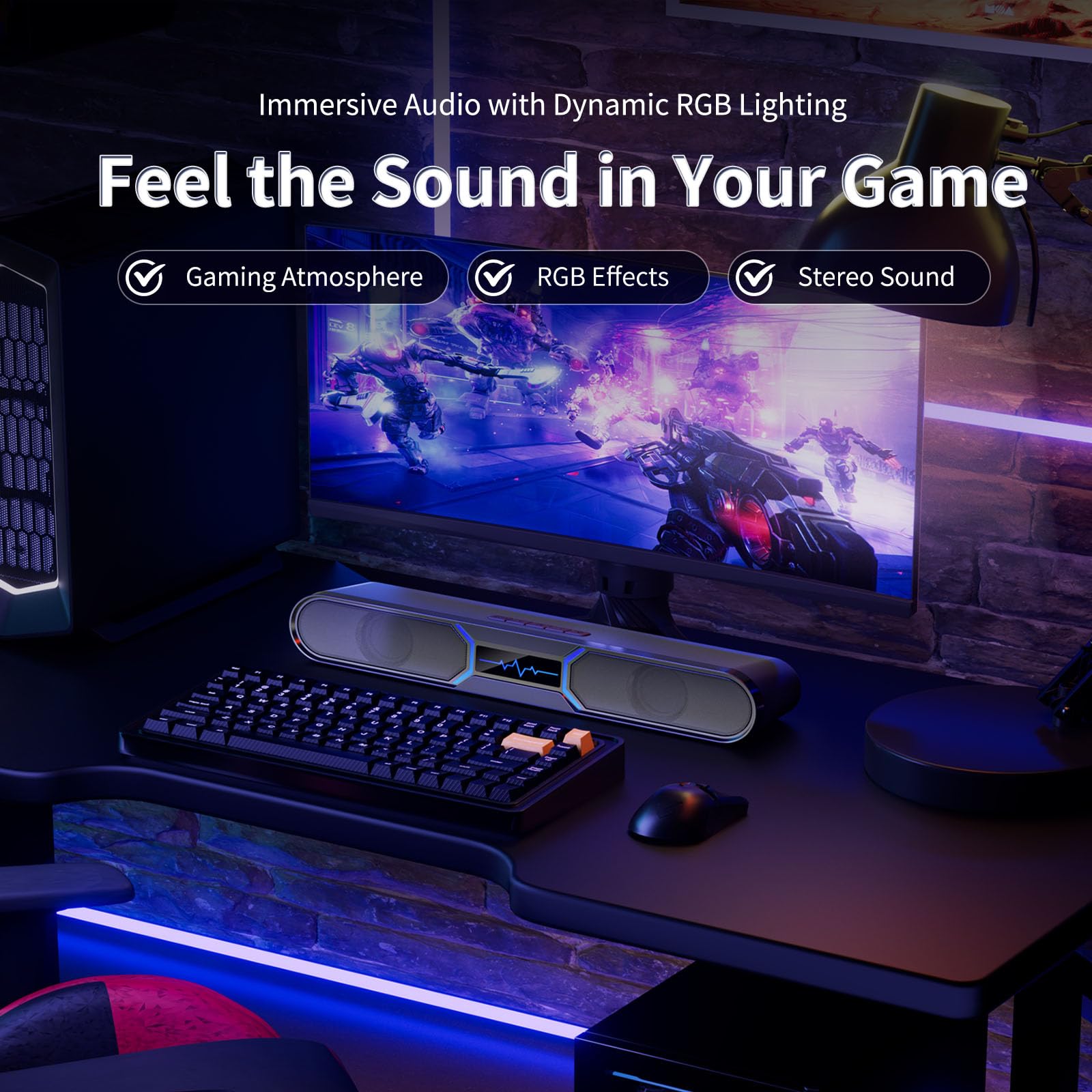 Altoparlanti per computer per PC desktop, soundbar Bluetooth per PC con doppio bass reflex per monitor, altoparlanti da gioco RGB alimentati tramite USB con ingresso cablato, suono stereo per laptop