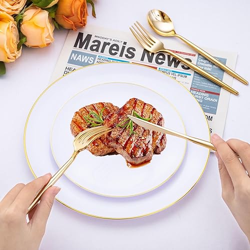 Miniatura 2 de SUT 300 cubiertos de plástico dorados, utensilios dorados desechables, el juego de cubiertos de plástico dorado incluye 100 tenedores de plástico