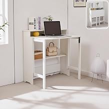Folding Desk with Storage,Fold Out Desk with Monitor Stand,Built-in Outlet,Small Foldable Computer Desk for Compact Home Office Spaces