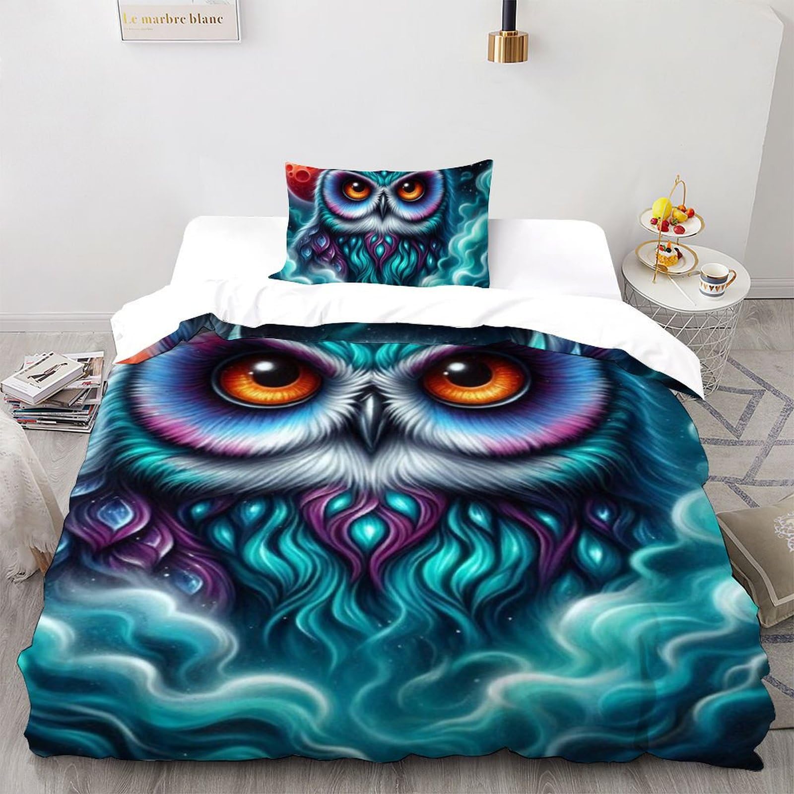 Housse de couette hibou imprimé 3D microfibre animaux volants 135x200