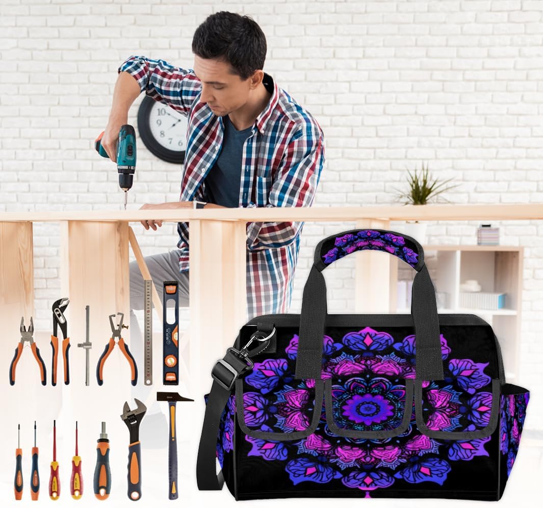 Purple Mandala Tool Bags for Men Women Multi-Pockets Wide Mouth Tool Organizer Storage Tote Bag Waterproof Stroage Bags with Adjustabe Shoulder Straper for Car Electrician Garden