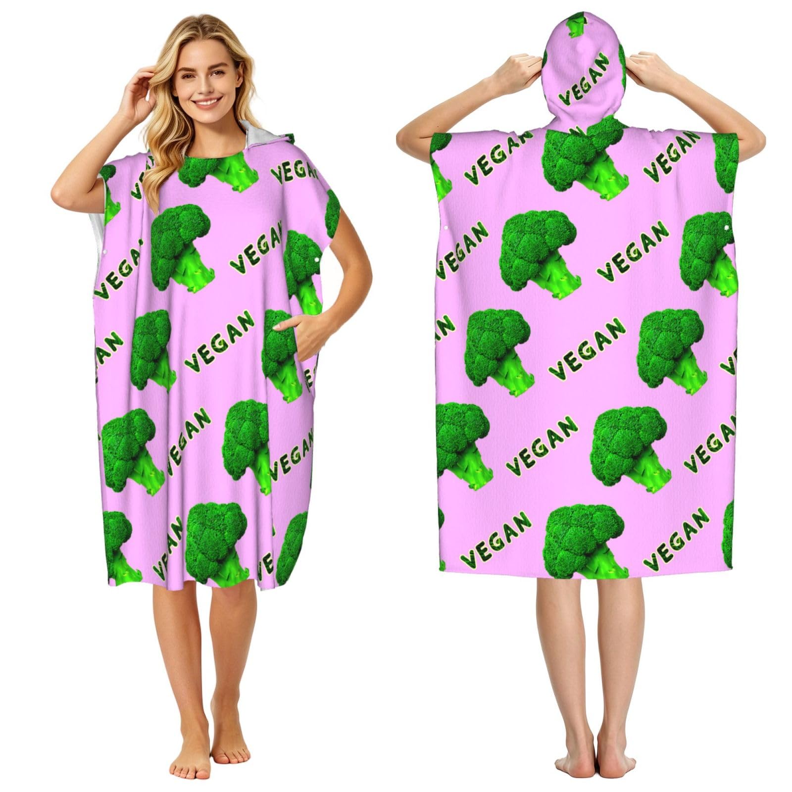 Poadnly Broccoli Vegan Green Pink, Adult Hooded Beach Towel 90 x 110 cm,Changing Bath Robe, Surf Poncho Towel For Women Men
