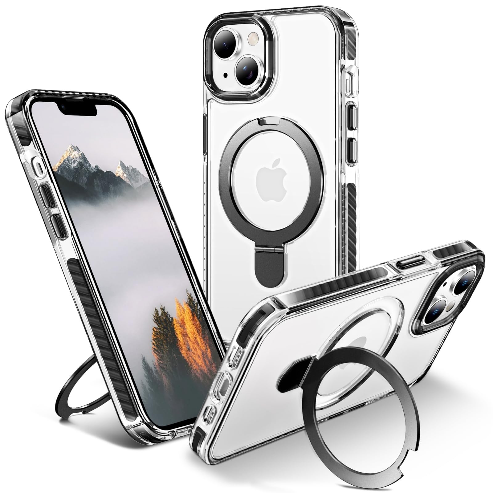 UMIONE for iPhone 14 Plus Magnetic case with Stand and Finger Ring, Compatible with magsafe, Shockproof Transparent Hard Plate, Full Body case,