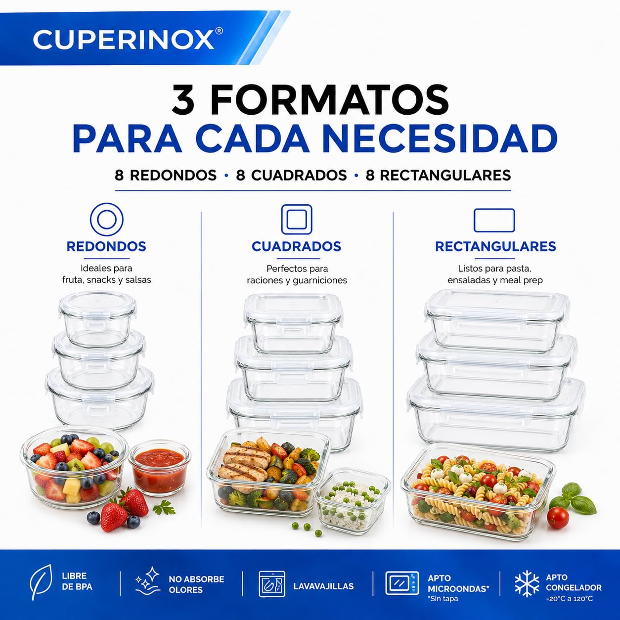 24 Tuppers de Vidrio Herméticos, 3 Formas, sin BPA, Meal Prep | 8 Recipientes para Alimentos Rectangulares + 8 Cuadrados + 8 Redondos, Apto para Microondas*, Lavavajillas y Congelador