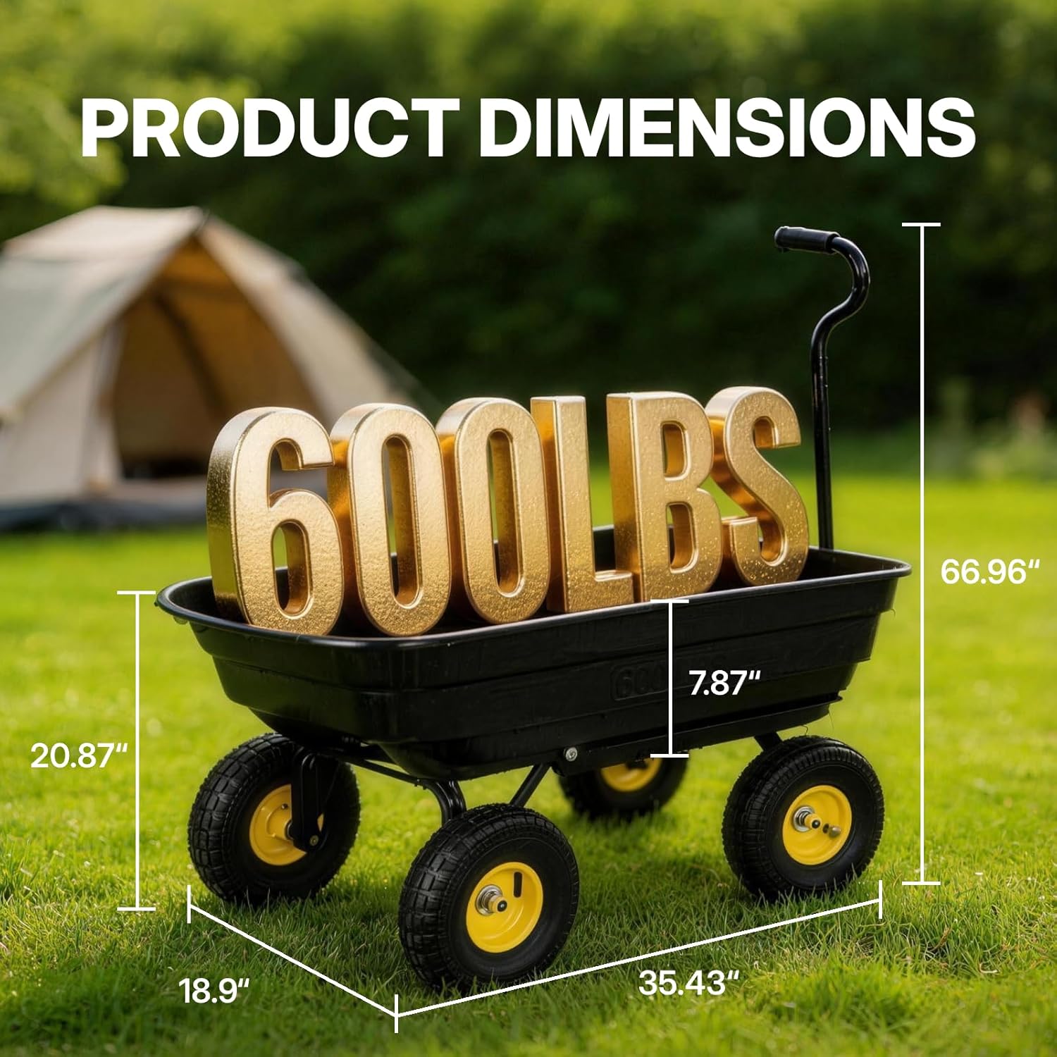 Heavy Duty Garden Dump Cart - 600lbs Load Capacity, 10" All-Terrain Wheels, Quick-Release System, Durable Poly Bed, 180° Rotating Handle, Yard Cart for Landscaping, Farm, and Outdoor Work