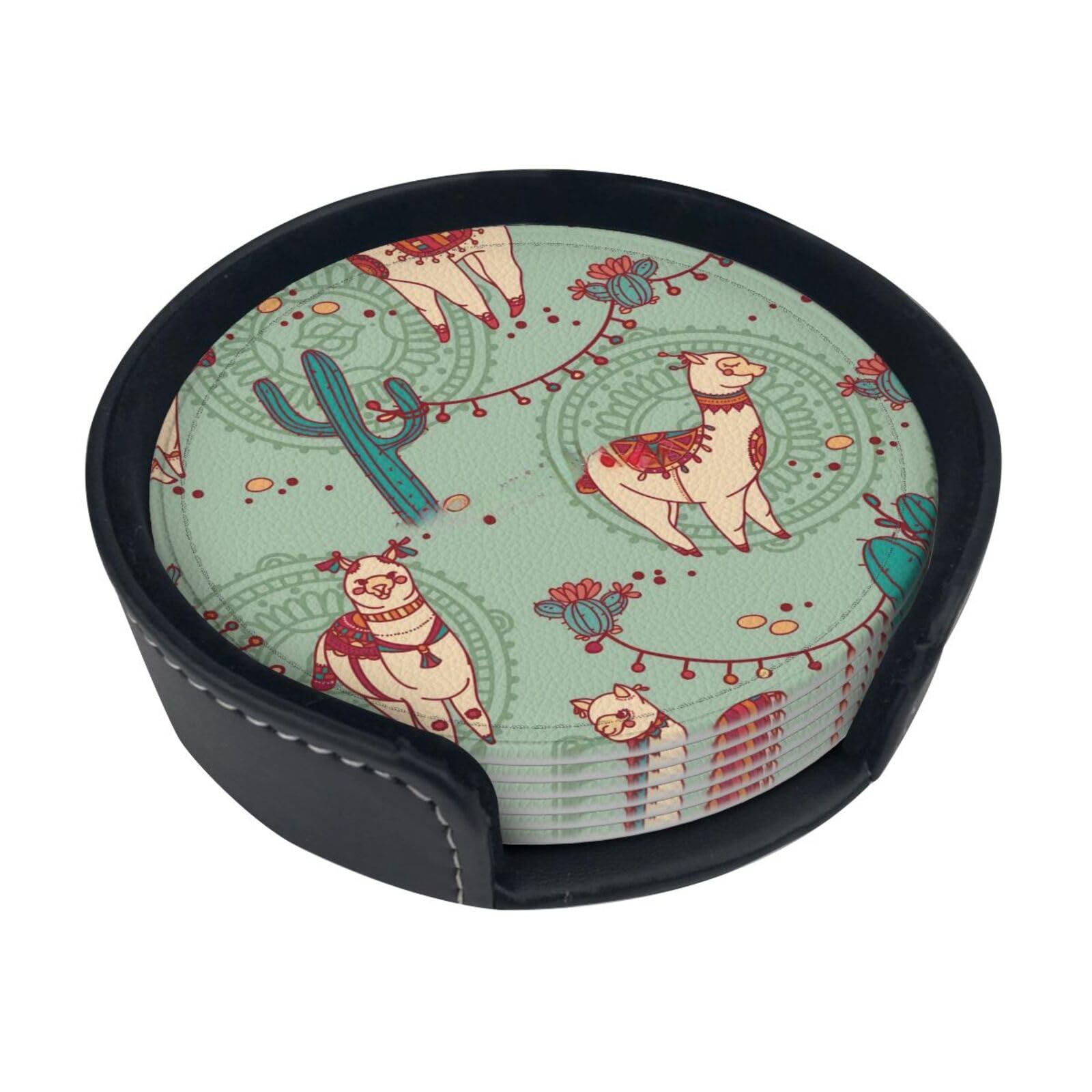 Llamas Print Round Coasters Set Of 6,Coaster For Tabletop Protection Home Bar Decor