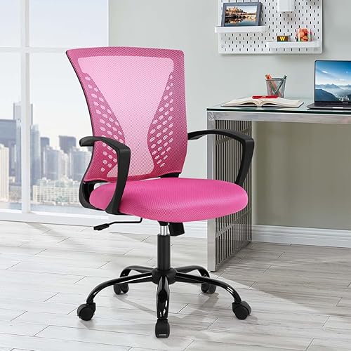 Miniatura 9 de HHS Silla ergonómica de oficina con respaldo medio, silla de computadora, silla de escritorio, moderna, ajustable, con reposabrazos, soporte lumbar,