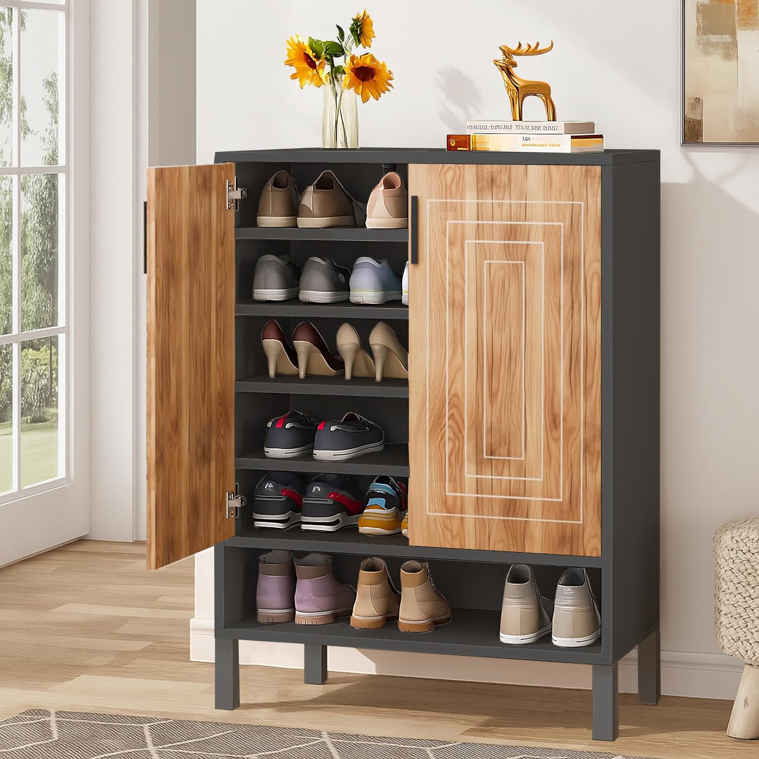 Klaxon Shoe Rack Wooden with Door | Small Cupboard Shoe Stand for Home | Wooden Storage Cabinet for Shoes | Shoe Racks Organizer for Entryway, Hallway & Bedroom (Black Noir)-image-26