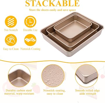 3 Pack Baking Pan Set 9/11/13 Inch Nonstick Rectangle Cake Pan Stackable Bakeware Bread Pans Cookie Sheets Oven Trays for Baking Lasagna Deep-Dish Pizza Brownies Casseroles, Gold