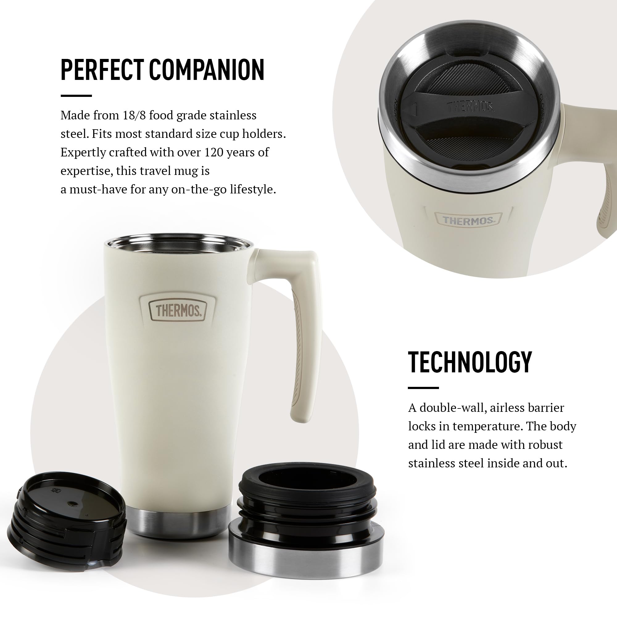 Thermos - Icon Sandstone Tasse de voyage (470 ml), tasse à café isotherme réutilisable en acier inoxydable pour boissons chaudes ou froides, bouteille d'eau scellée sous vide avec un couvercle