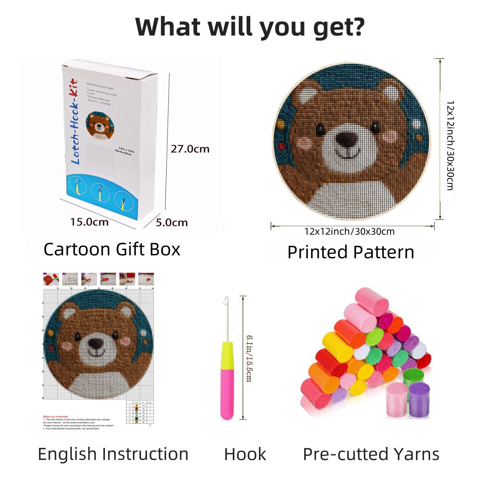 Latch Hook Rug Kit Cute Bear Easy for Beginners Round Shape Carpet Crochet Yarn Craft Mini Rug DIY Hook and Latch Little Tapestry for Home Decor 30x30cm-1