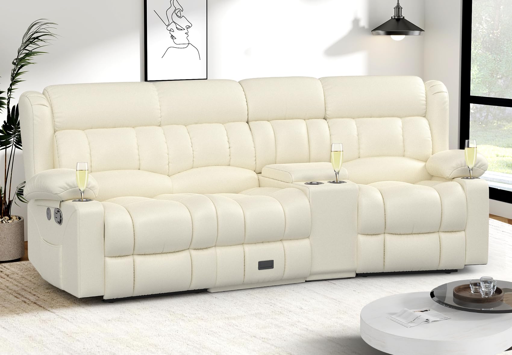 Recliner Sofa with Storage Console, Flip Middle Backrest Design PU Leather 3 Seat Reclining Sofa with Storage Drawer, Manual Couch for Living Room (Ivory, 3 Seater + Console)