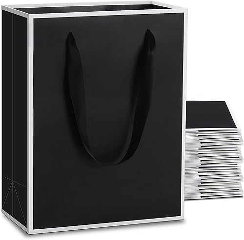 Miniatura 1 de YACEYACE - Bolsas de regalo negras con asas a granel, 20 unidades de 8 x 4 x 10.5 pulgadas, bolsas de regalo de papel negro a granel con marco