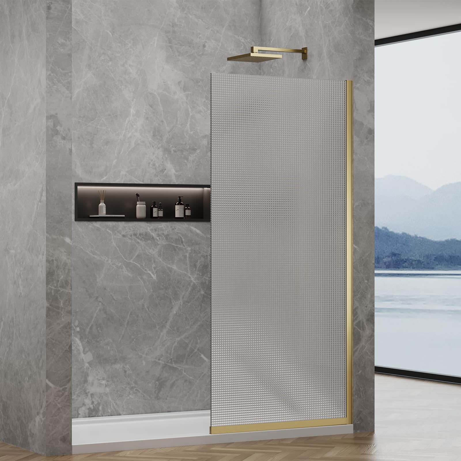 36"x76" Fixed Shower Door,5/16" Pattern Glass Shower Panel,Brushed Gold