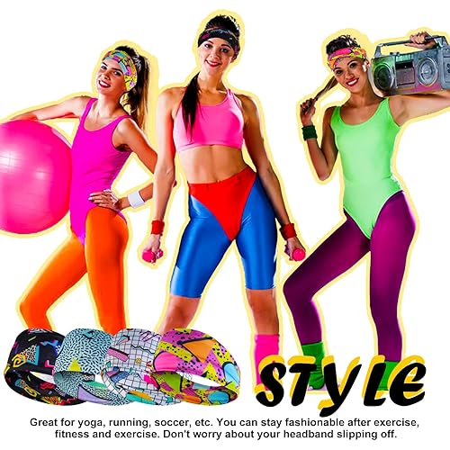 Miniatura 4 de Diadema de neón, 4 unidades con estampado retro, bufandas para la cabeza, bandana de neón de los años 80, diadema elástica, accesorios de