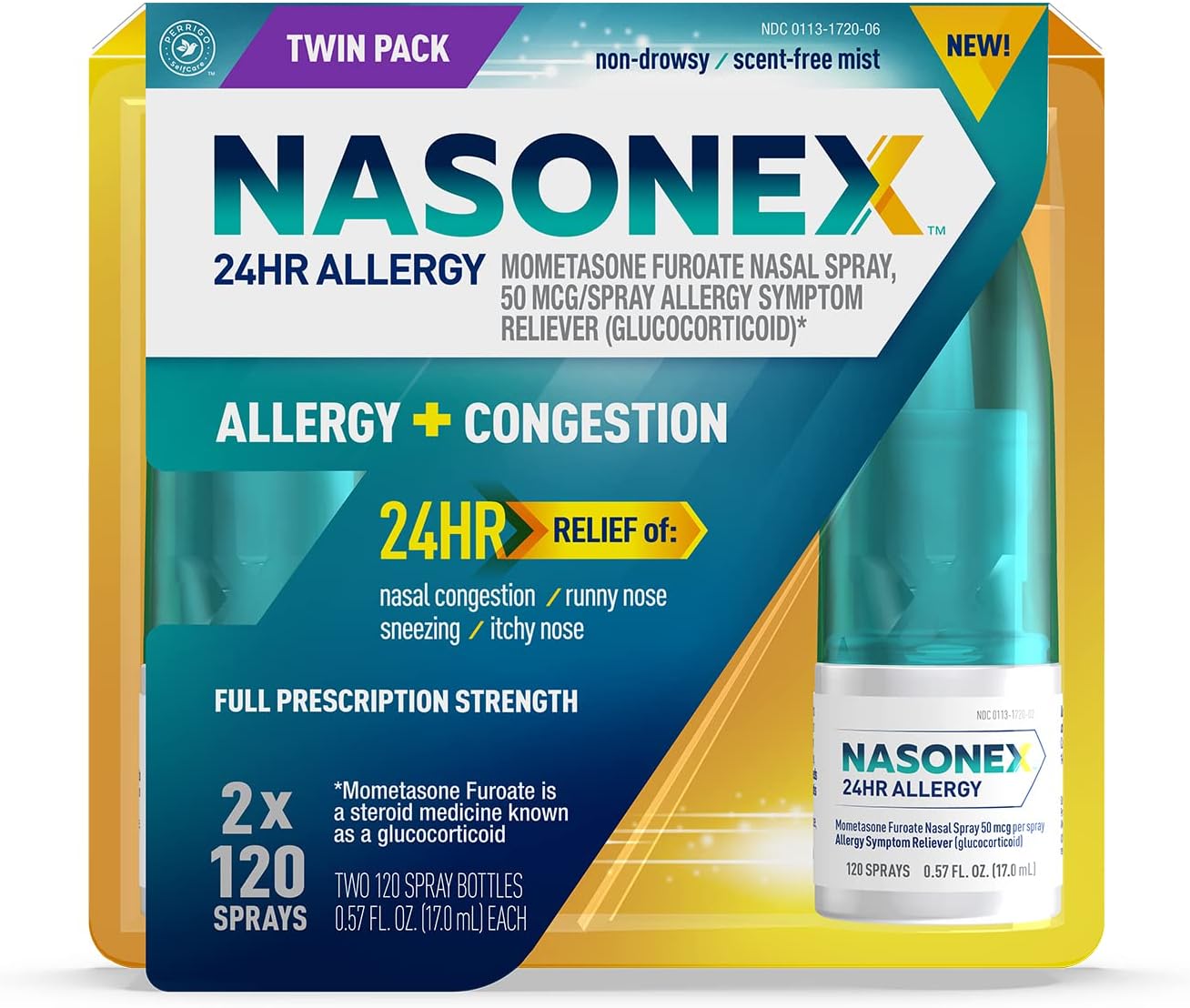 Nasonex24HR Allergy Nasal Spray, Allergy + Congestion, Non-Drowsy Relief in Full Prescription Strength,120 Spray, 2 Pack