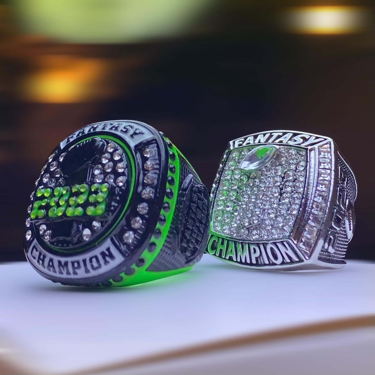 Set of two 2023 Fantasy Football Championship trophy ring | Silver Tone, and Neon Green and Black | Mixed Size