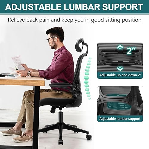 Miniatura 9 de QY Silla de oficina ergonómica de malla, silla de escritorio con respaldo alto con brazos abatibles 2D, reposacabezas, silla de escritorio para