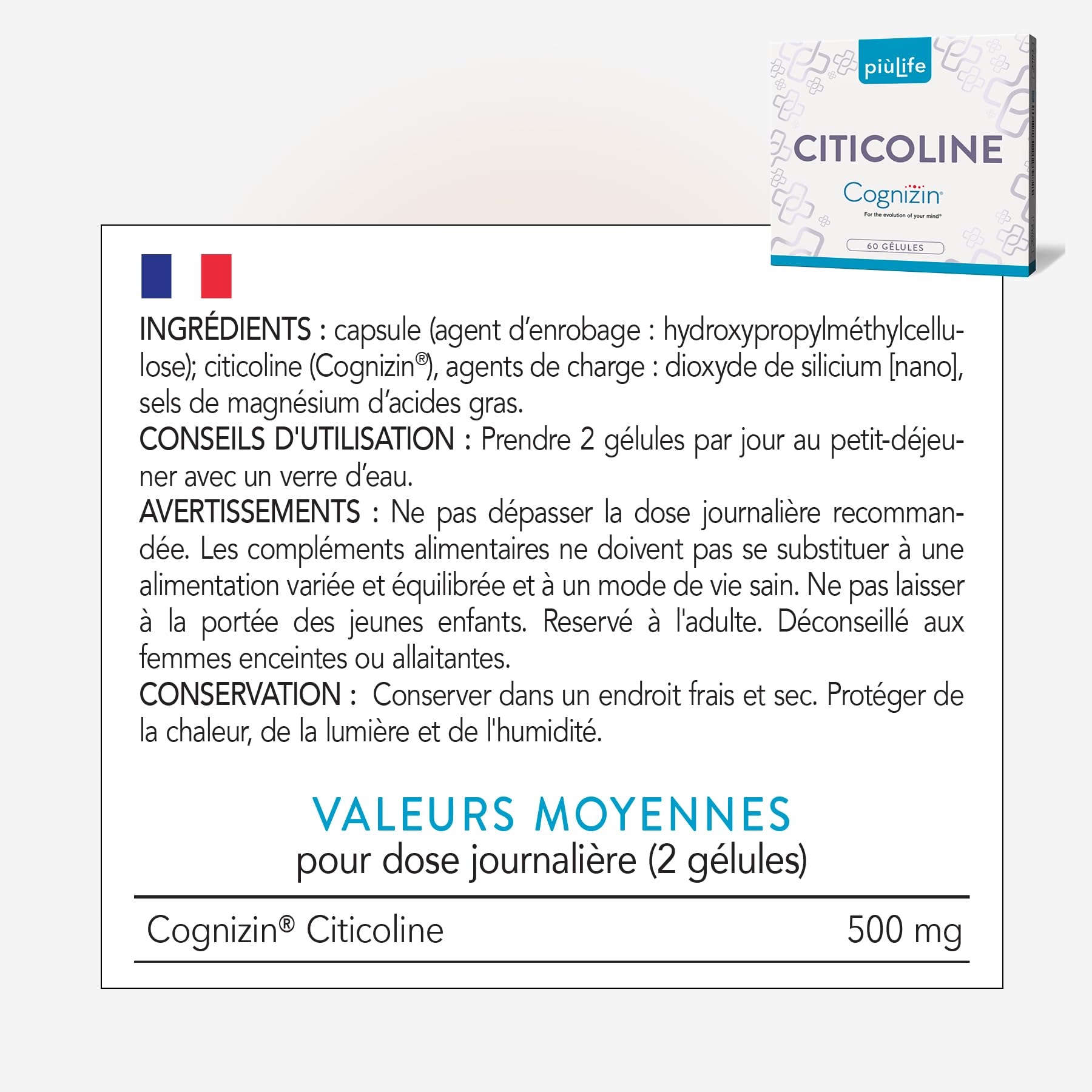 Citicoline Cognizin 500 mg PiùLife – Complément Alimentaire Memoire et Concentration – CDP Choline, Précurseur de Phosphatidylcholine et Acétylcholine – 2 Gélules par Jour, Sans Lactose, Sans Gluten