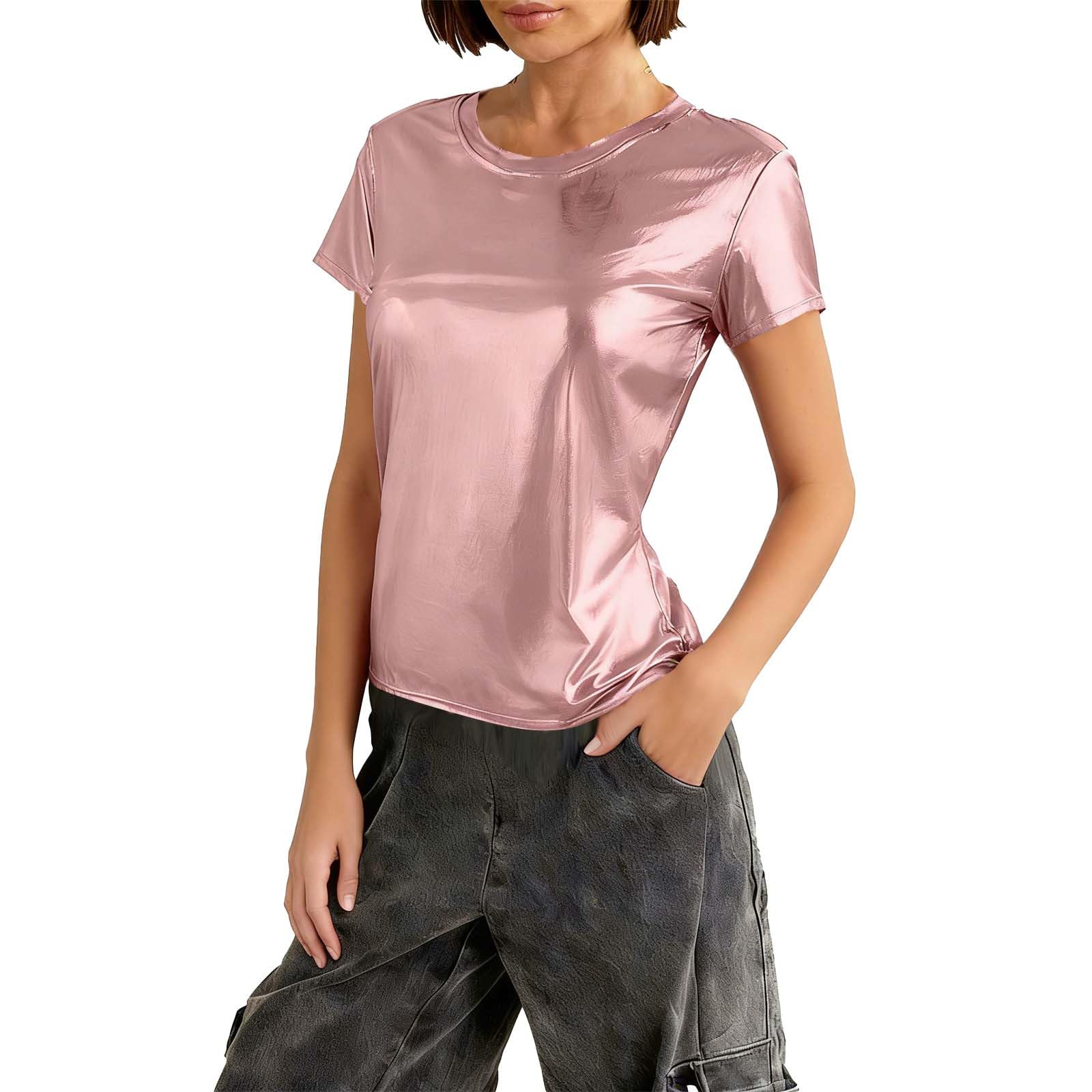 Silver Metallic Look Tops Women Glitter Space Alien Costume 80s Style Party Dance Disco Carnival Blouse Shiny Holographic Tunic Fitted Short Sleeve Tops Festival Hip-Hop Disco Club Clothing โ image 1