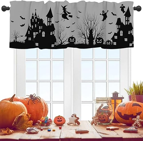 Miniatura 6 de ARESD Cortinas de cenefa de Halloween para cocina o baño, cenefas de bruja de casa encantada de castillo, cenefas de decoración de Halloween con