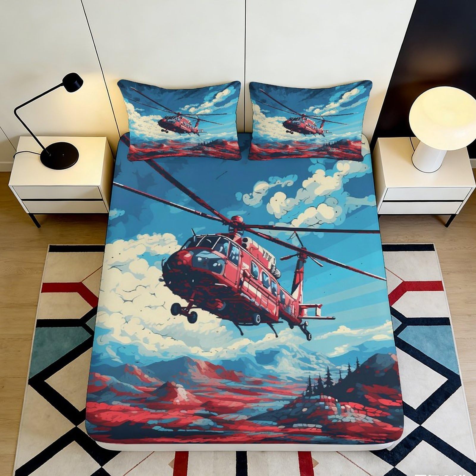 3D Printed Red Helicopter Fitted Sheet Microfiber Artistic Mountain Bed Cover for Bedroom Dorm Guest Room Decor 90x200x25cm