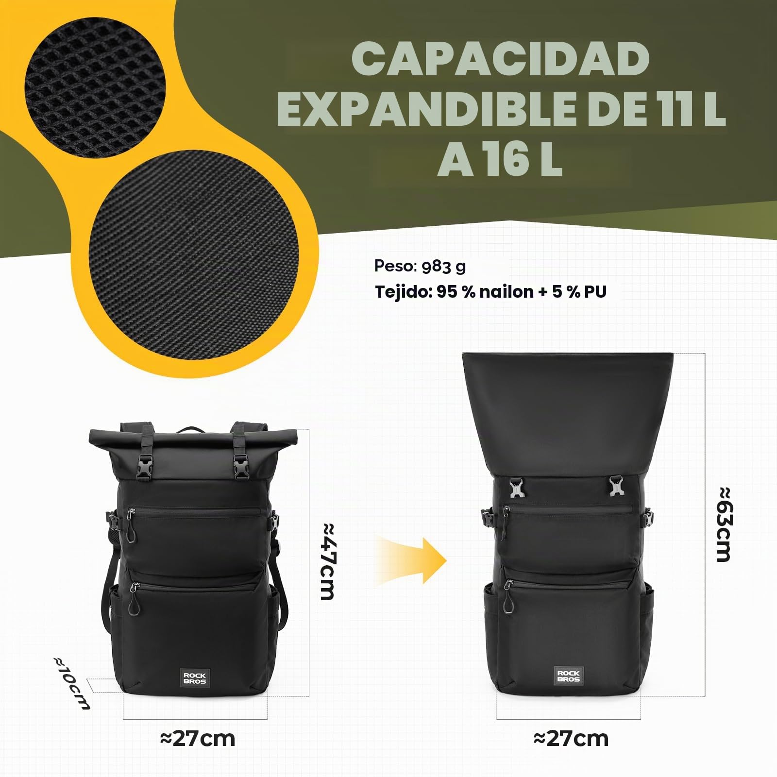 ROCKBROS Bolsa Trasera Multifuncional 3 en 1 para Portaequipajes, Alforja para Bicicleta con Capacidad Expandible 11L-16L para MTB Gravel, Mochila para Viajes y Diario, Verde