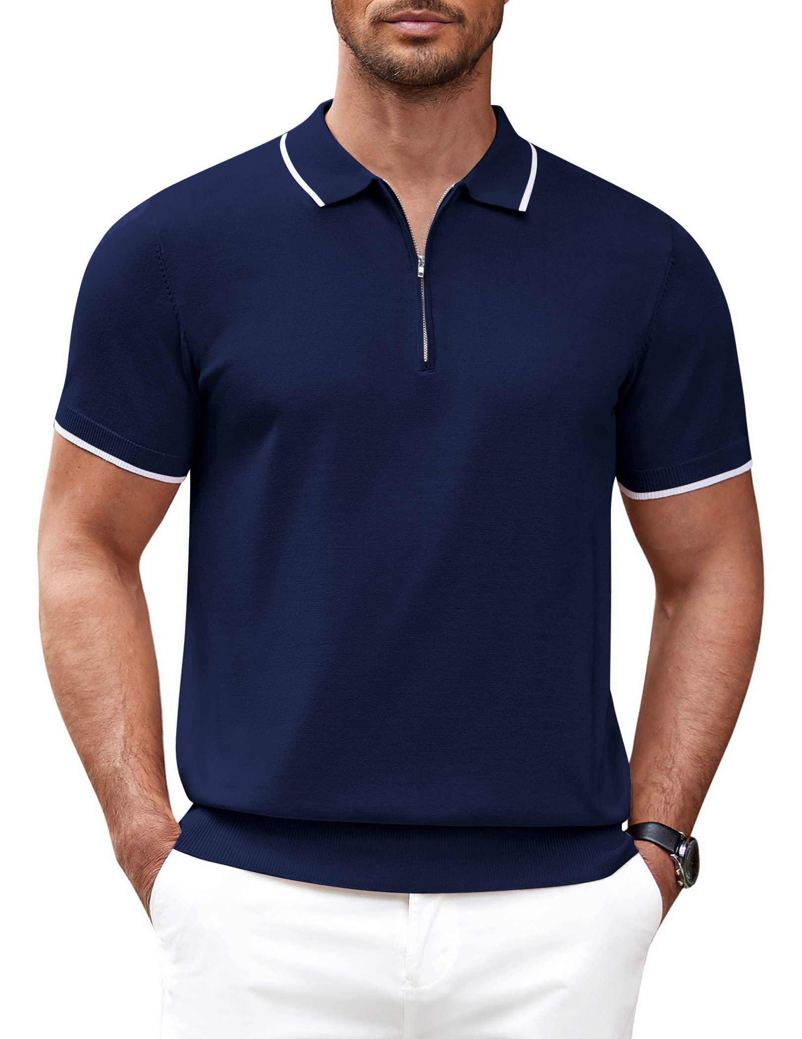 COOFANDY Poloshirt Herren Kurzarm Sommer Polohemd mit Reißverschluss Strick Polo T-Shirt Casual Golf Shirts