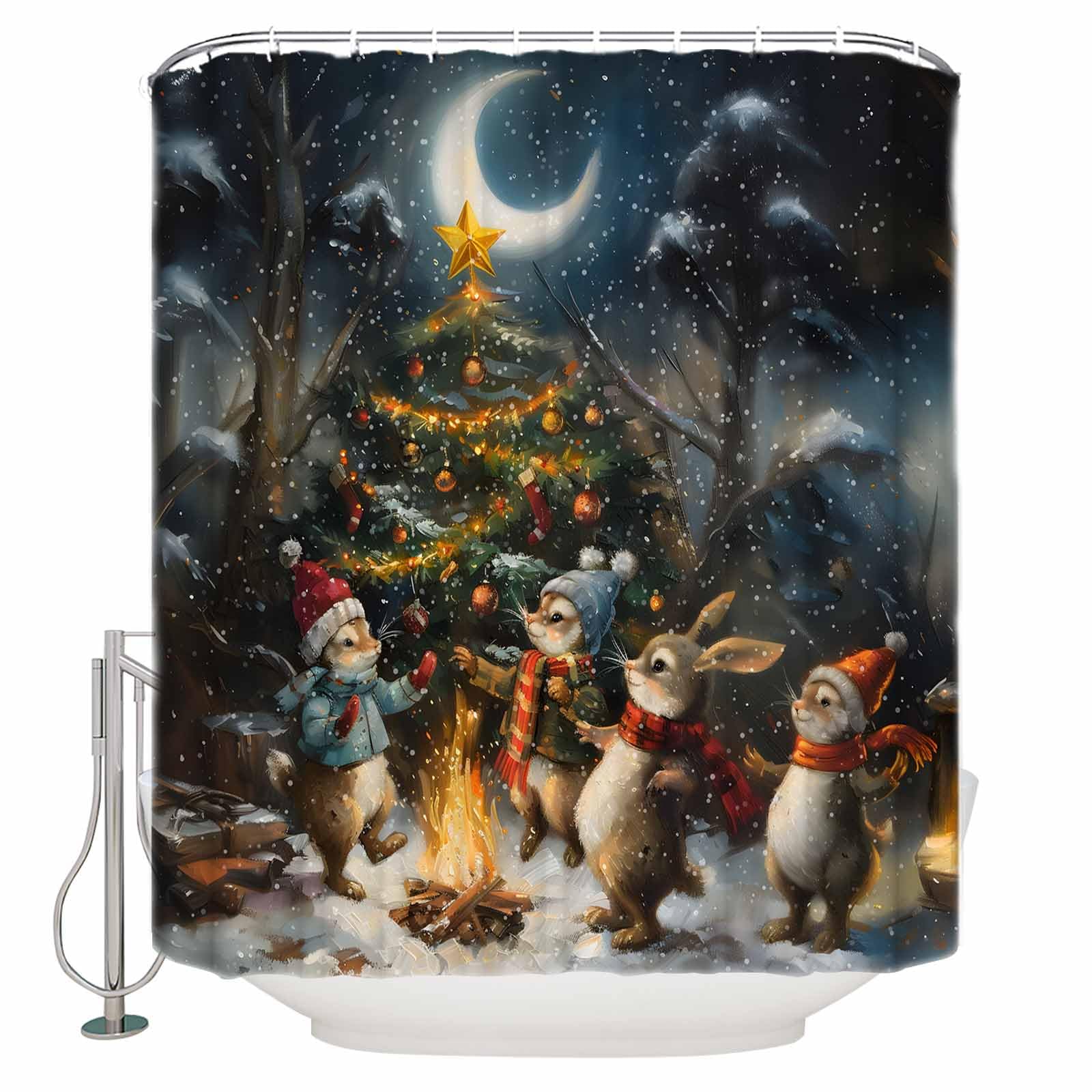 Suhoaziia Christmas Cat Tree Shower Curtain - Waterproof Fabric Bathroom Decor With Stars, 71x71 Inches, 12 Hooks
