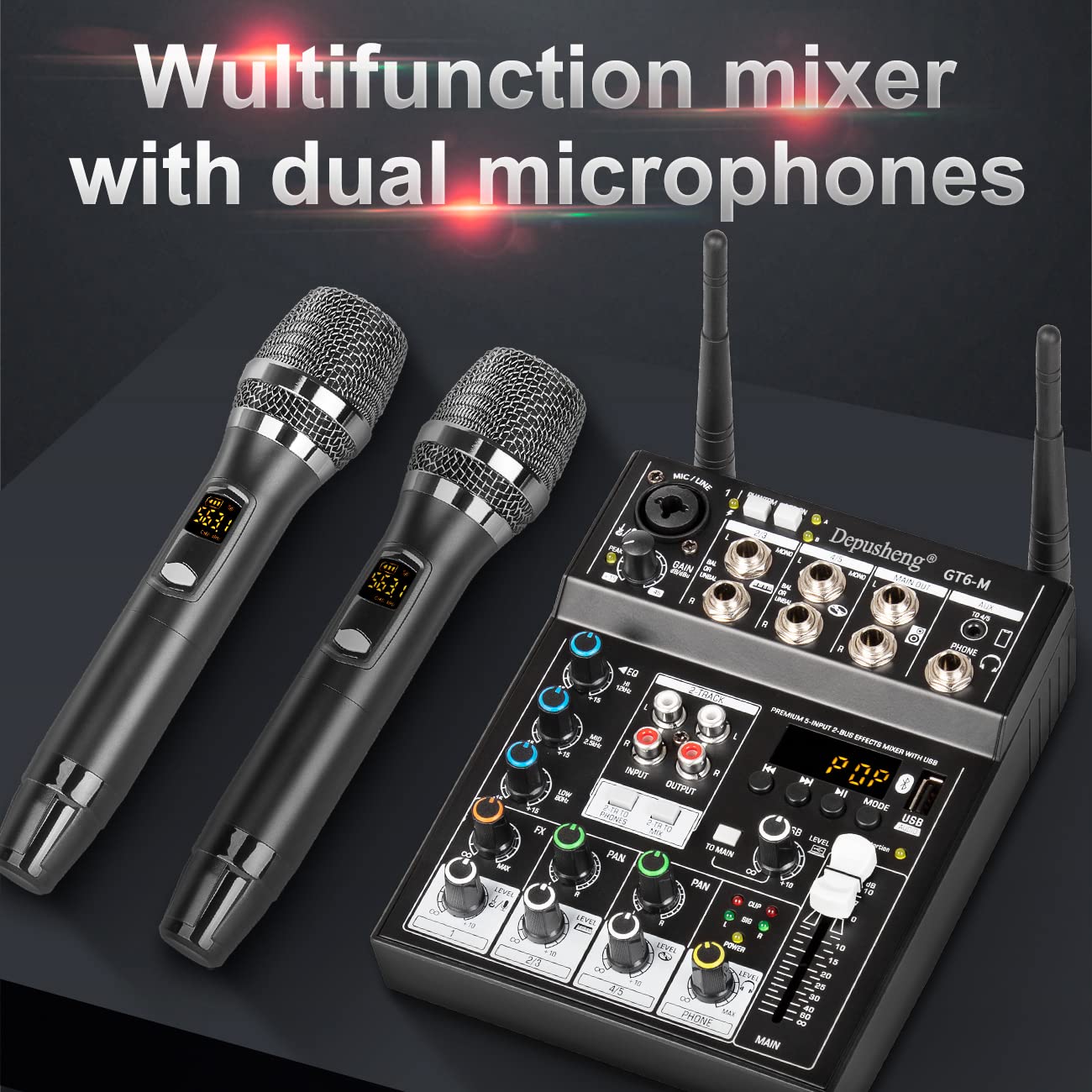 Depusheng Mixer audio professionale, mixer audio a 6 canali con doppio microfono wireless, console per scheda audio MP3 Bluetooth 48 V alimentazione phantom interfaccia USB mixer DJ