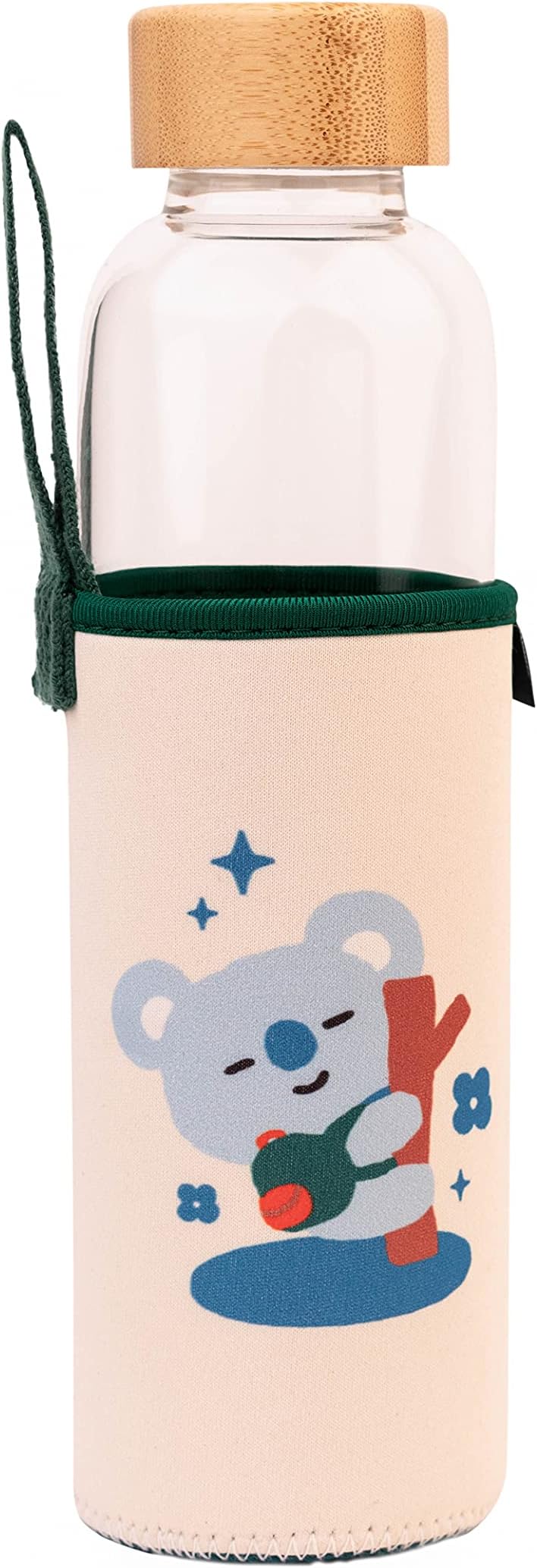 Grupo Erik BT21 Koya Glass Water Bottle - 17oz / 500ml Water Bottle, Glass Bottle, Hot and Cold Water Bottle, Travel Bottles, Gym Bottle - BT21 Gifts, Kawaii Gifts